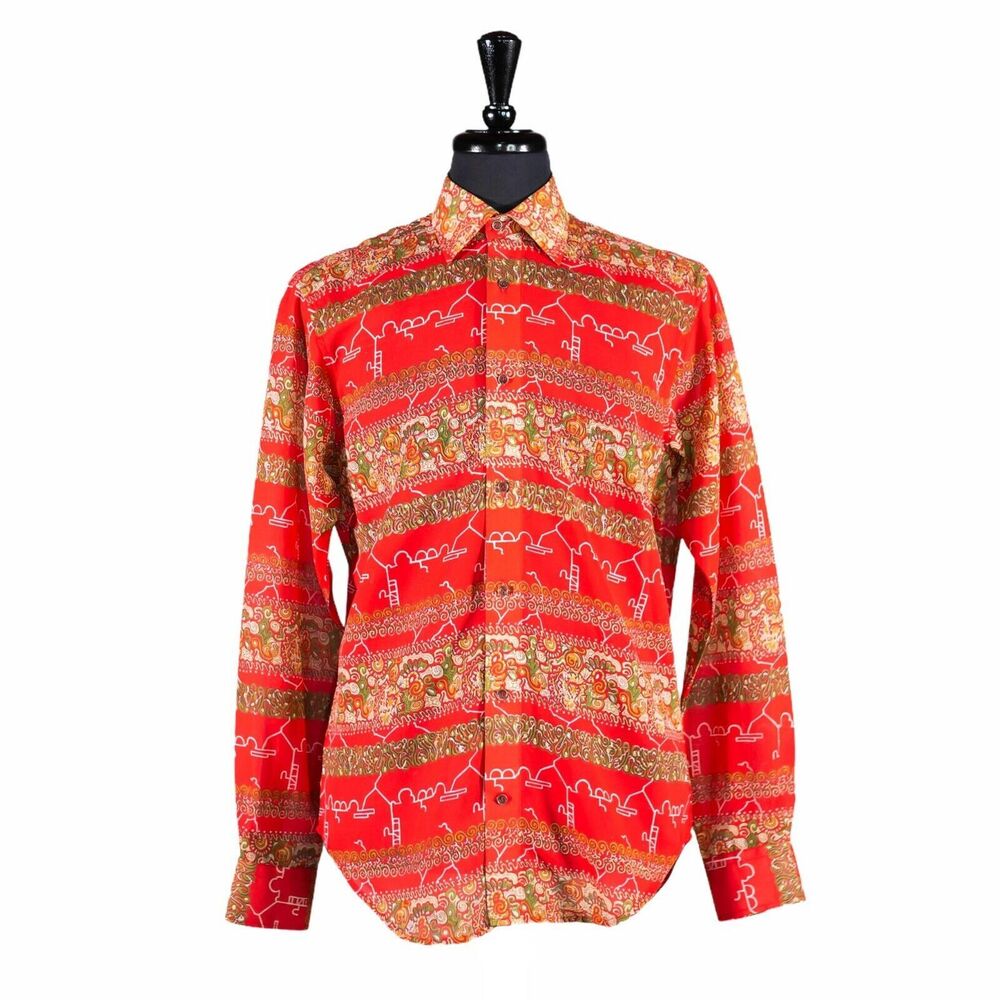 Mens Silky Shirt Button Up Red Abstract Graphic Summer Hawaiian Beach Medium